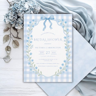 Blå Gingham Blommig Vintage Bröllopsdusch Inbjudningar