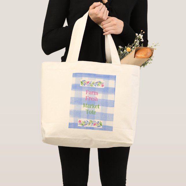 Blå Gingham Blommor Färsk från gården Jumbo Tygkasse (Framsida (produkt))