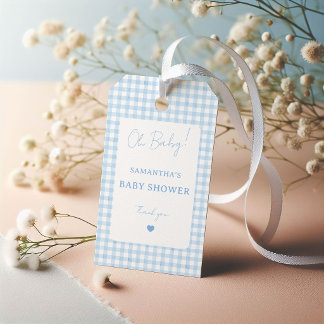 Blå Gingham Boho Akvarell Pojke Babyfirande Presentetikett