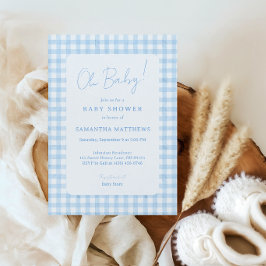 Blå Gingham Boho Watercolor Pojke Baby Shower Inbjudningar