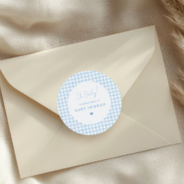 Blå Gingham Boho Watercolor Pojke Baby Shower Runt Klistermärke