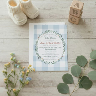 Blå Gingham Botanisk Krans Baby Shower