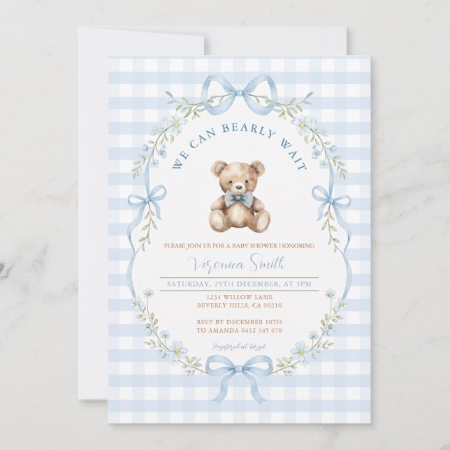 Blå Gingham Bow Björn Bebis Dopp Inbjudan (Framsida)