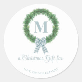 Blå Gingham Bow Wandeckers Gift Märkre Runt Klistermärke