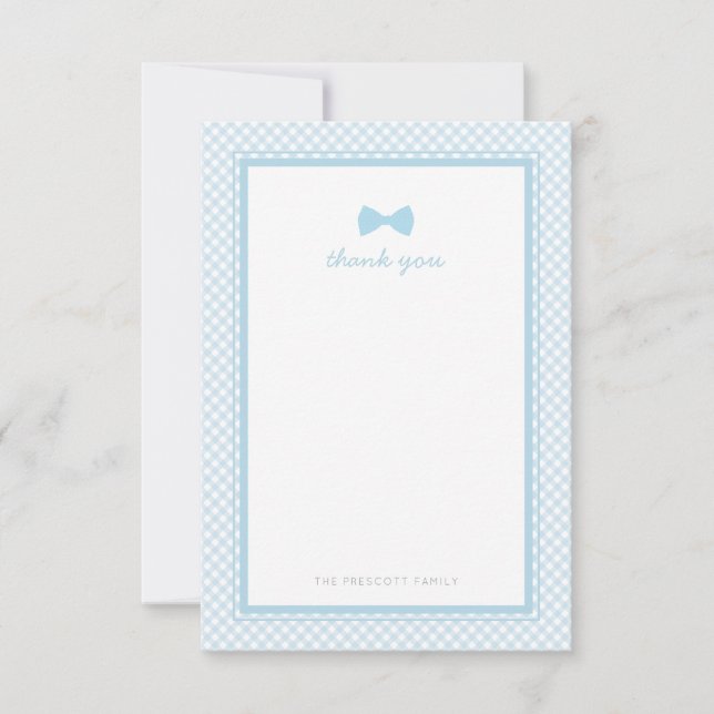 Blå gingham bowtie Baby dusch tackkort Tack Kort (Framsida)