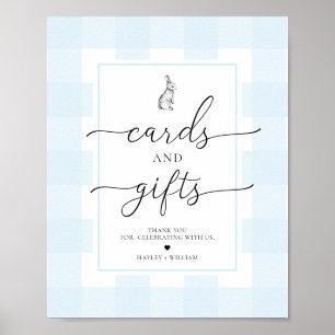 Blå Gingham Bunny-kaninkort och gåvor Poster