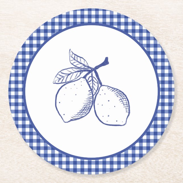 Blå Gingham Citron Sommarnöjes Pappersservis Underlägg Papper Rund (Framsidan)