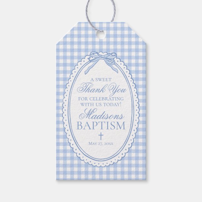 Blå Gingham Coquette Båge Doppresenter Presentetikett (Framsidan)