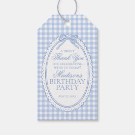 Blå Gingham Coquette Båge Födelsedagsfirande Gåvor Presentetikett