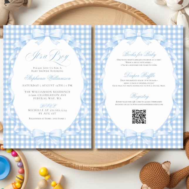 Blå Gingham Coquette Bow All-in-One Baby Shower Inbjudningar (Blue Gingham Coquette Bow All-in-One Baby Shower Invitation)