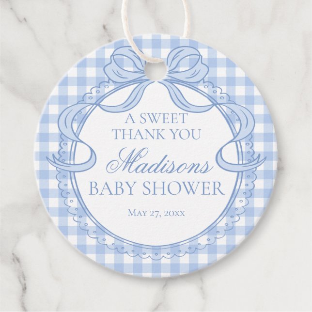 Blå Gingham Coquette Bow Baby Shower Cirkel Gåvor Etiketter (Framsida)