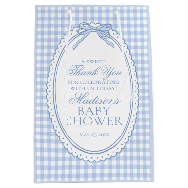Blå Gingham Coquette Bow Baby Shower-presenter (Framsidan)