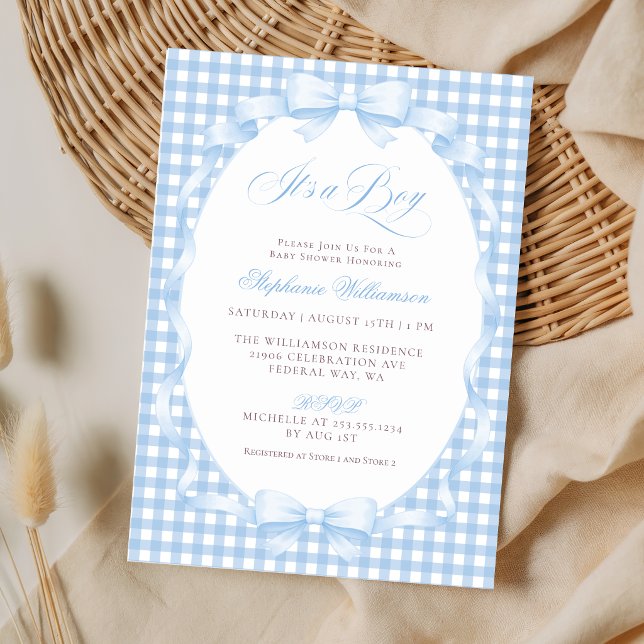 Blå Gingham Coquette Slöyfe Pojke Barnkalas Inbjudningar (Blue Gingham Coquette Bow Boy Baby Shower Invitation)