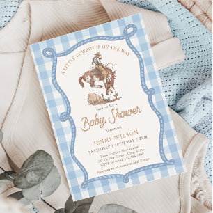 Blå Gingham Cowboy Baby Shower Inbjudningar