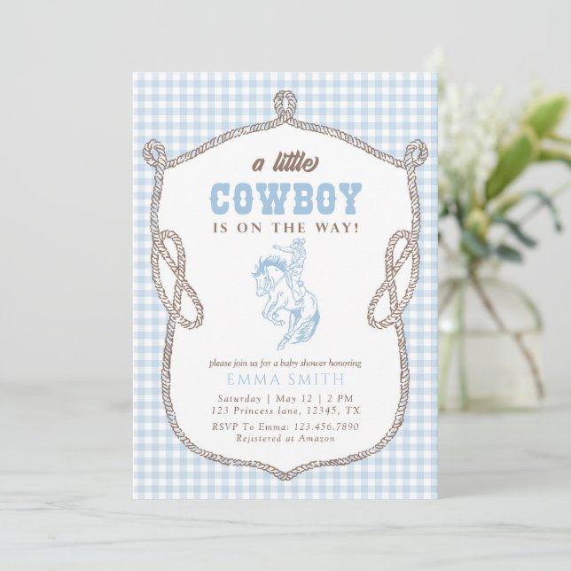 Blå Gingham Cowboy Babyfirande Vintage Elegant Inbjudningar (Stående Fram)