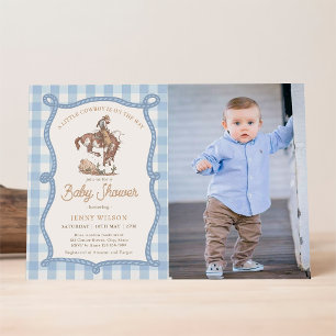 Blå Gingham Cowboy Foto Baby Shower Inbjudningar