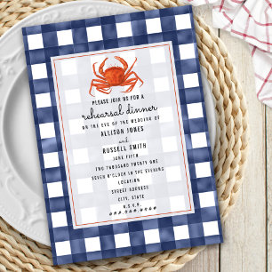 Blå Gingham Crab Bröllop Rehearsal Dinner Inbjudningar