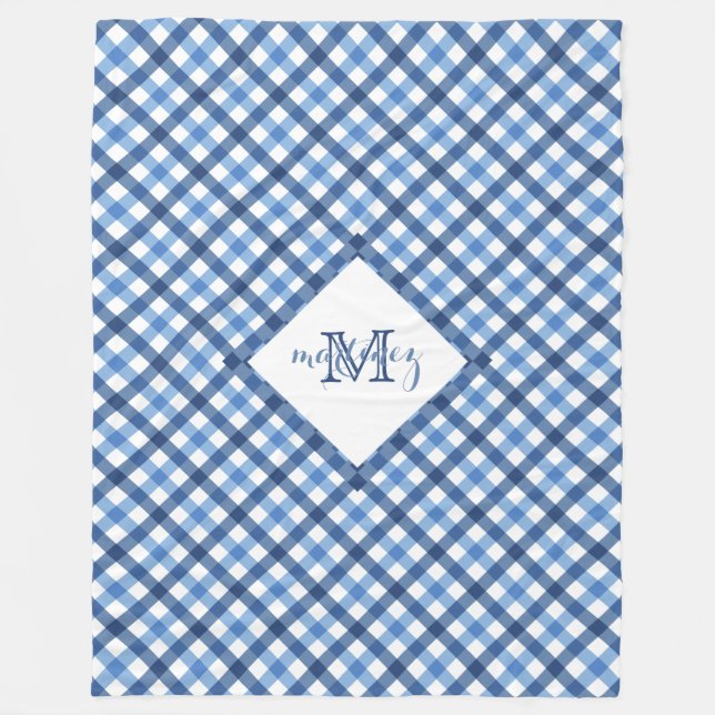 Blå gingham diamant monogram namn fleece filtar (Framsidan)