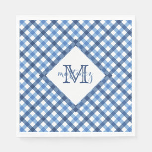 Blå gingham diamant monogram namn pappersservett