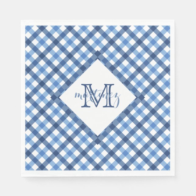 Blå gingham diamant monogram namn pappersservett (Framsidan)