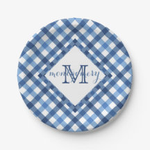 Blå gingham diamant monogram namn papprare platta