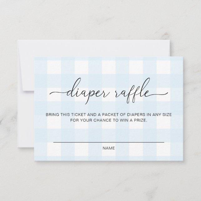 Blå Gingham Diaper Raffle Biljett Card Inbjudningar (Framsida)