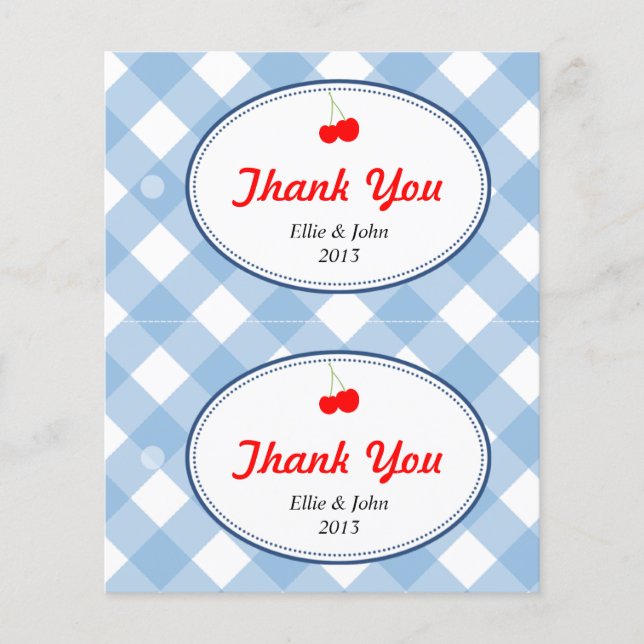 Blå gingham diy bröllop presentsäck hängare märkre flygblad (Framsidan)