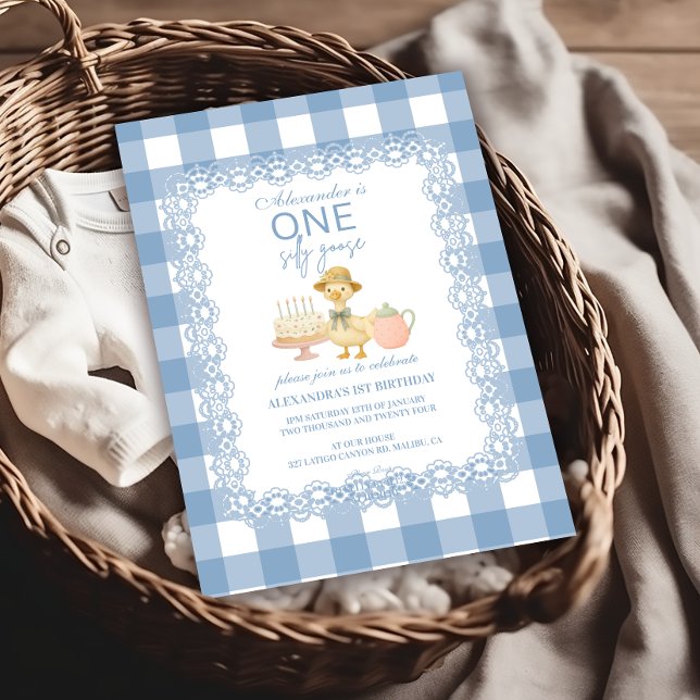 Blå Gingham Dumma Gås 1-årsdag Inbjudningar (Skapare uppladdad)