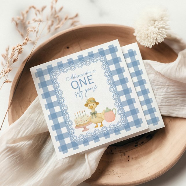 Blå Gingham Dumma Gås 1-årsdag Pappersservett (Skapare uppladdad)