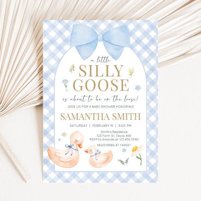 Blå Gingham Dumma Gås Bebis Shower Inbjudningar (Little Silly Goose Baby Shower Invitation)