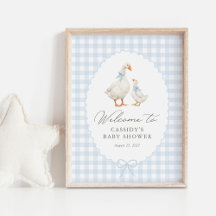 Blå Gingham Dumma Gås Bebis Shower Välkomstskylt