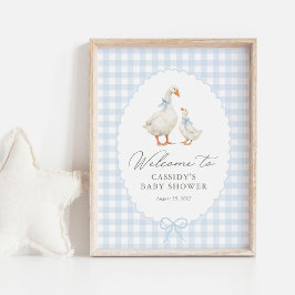 Blå Gingham Dumma Gås Bebis Shower Välkomstskylt Poster