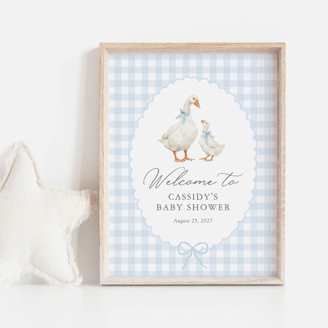 Blå Gingham Dumma Gås Bebis Shower Välkomstskylt Poster (Skapare uppladdad)