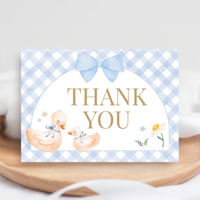 Blå Gingham Dumma Gås Bebisdopp Tack Kort (Little Silly Goose Baby Shower Thank you Card)