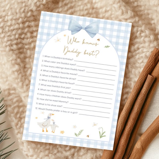 Blå Gingham Dumma Gås Dusch Vem Vet Spel (silly Goose Baby Shower Game)