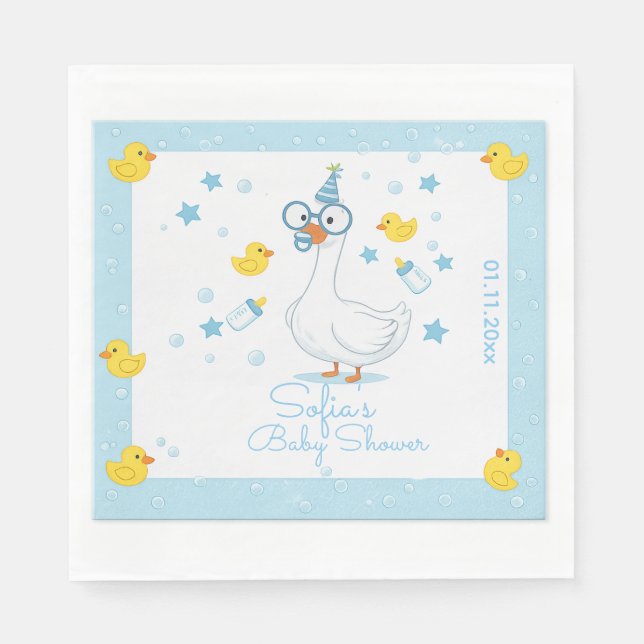 Blå Gingham Dumma Gås Pojke Babyshower Pappersservett (Framsidan)