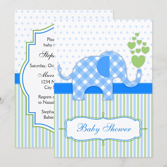 Blå Gingham Elefant Baby Shower Inbjudningar (Fram/baksida)