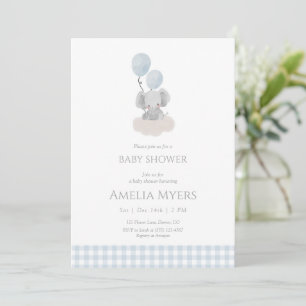 Blå Gingham Elefant på Moln Baby Shower Inbjudningar