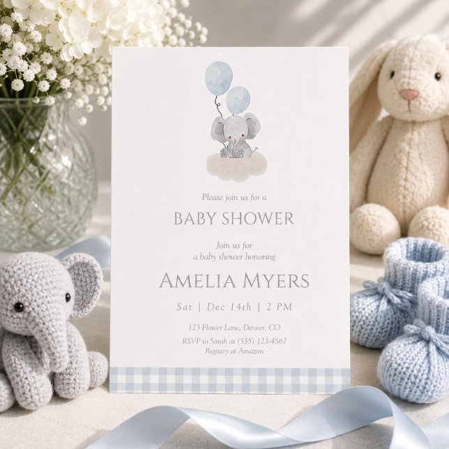 Blå Gingham Elefant på Moln Baby Shower  Inbjudningar (Skapare uppladdad)