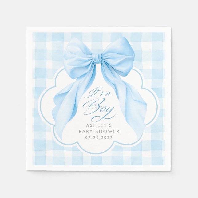 Blå Gingham Elegant Ros Pojkbabyshower Pappersservett (Framsidan)
