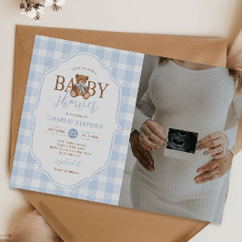 Blå Gingham Elegant Teddybjörn Baby Shower Foto Inbjudningar