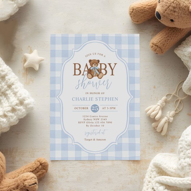 Blå Gingham Elegant Teddybjörn Baby Shower Inbjudningar (Skapare uppladdad)