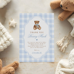 Blå Gingham Elegant Teddybjörn Baby Shower Tack Kort