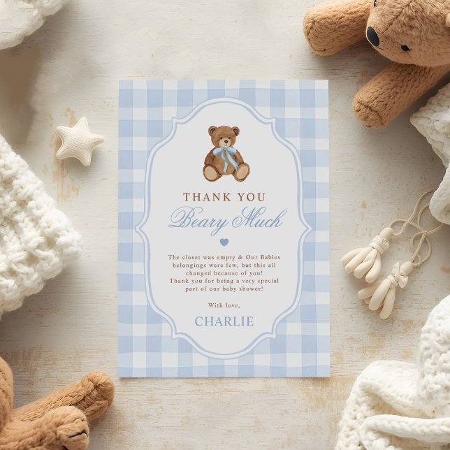 Blå Gingham Elegant Teddybjörn Baby Shower Tack Kort (Skapare uppladdad)