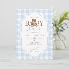 Blå Gingham Elegant Teddybjörn Bebis Bjudning Inbjudningar