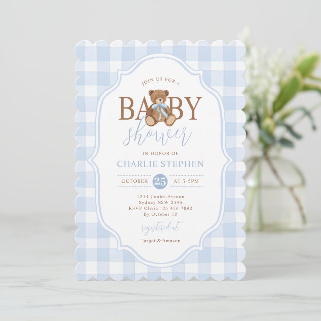 Blå Gingham Elegant Teddybjörn Bebis Bjudning Inbjudningar (Stående Fram)