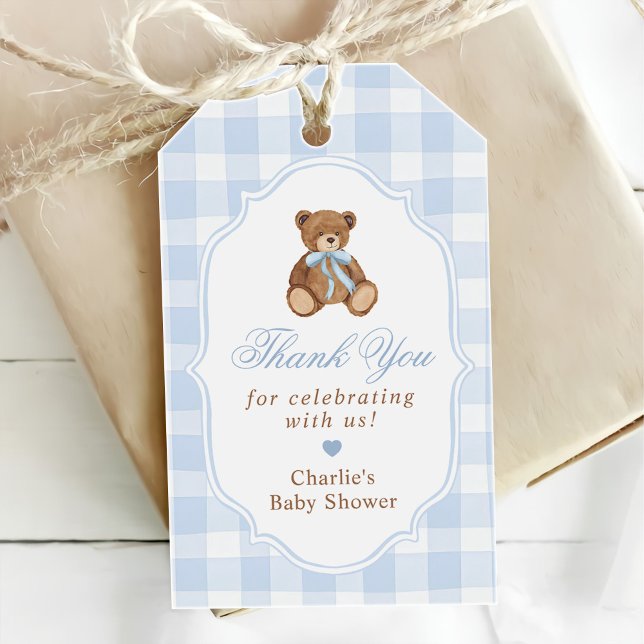 Blå Gingham Elegant Teddybjörn Bebis Shower Presentetikett (Skapare uppladdad)