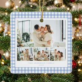 Blå Gingham Familjefotokollage Julgransprydnad Keramik
