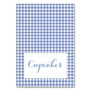 Blå gingham Food Tält Cards Bordsnummer