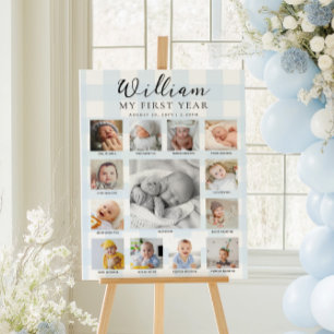 Blå Gingham Första Födelsedags Foto Tidslinje Poster